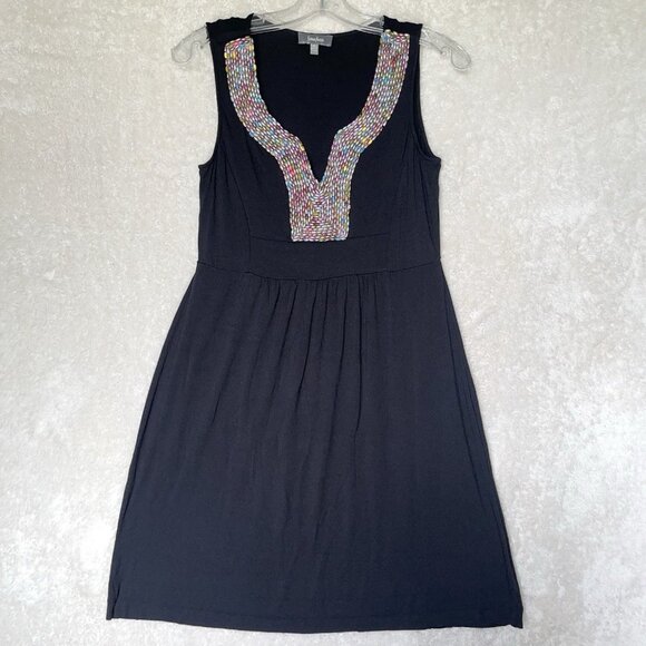 Neiman Marcus Black Midi Slip Dress M Multicolor Beaded Split Neck Sleeveless - Picture 2 of 10